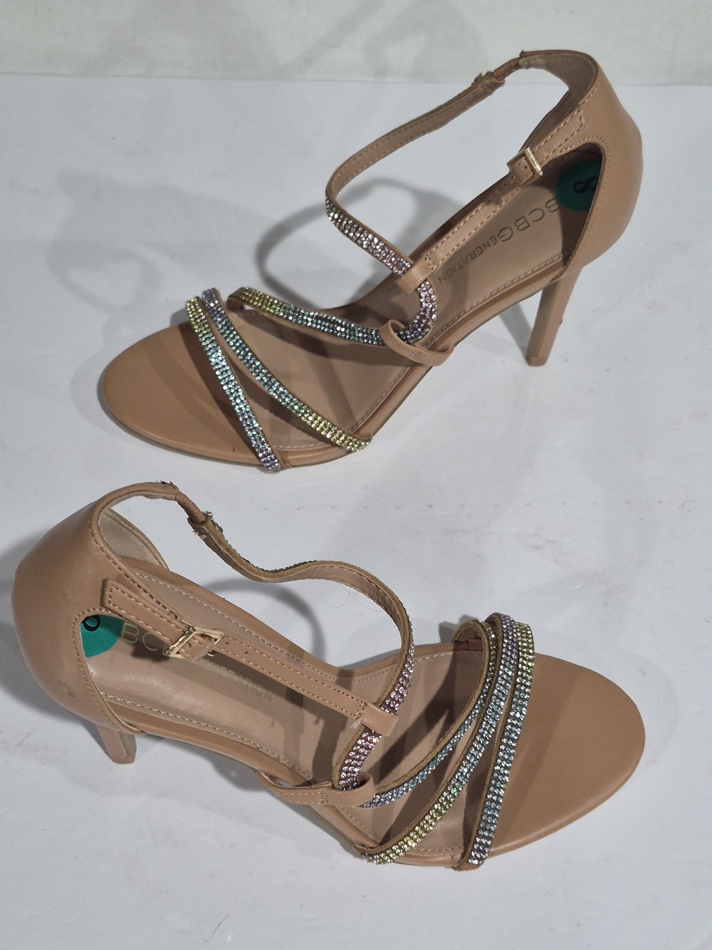 BCBGeneration Beige Strappy Rhinestone Heeled Sandals - Women Size 8